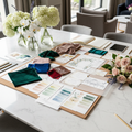 Luxury event styling consultation mood board with fabric swatches and color palettes