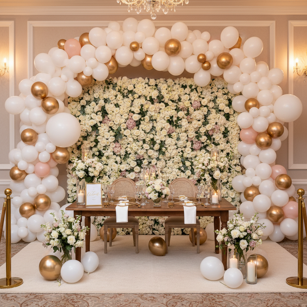 Luxury balloon arch in white, gold and blush tones with floral backdrop wall for an elegant event
