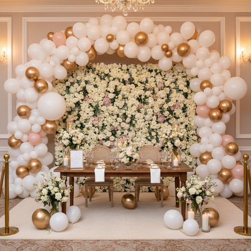 Luxury balloon arch in white, gold and blush tones with floral backdrop wall for an elegant event