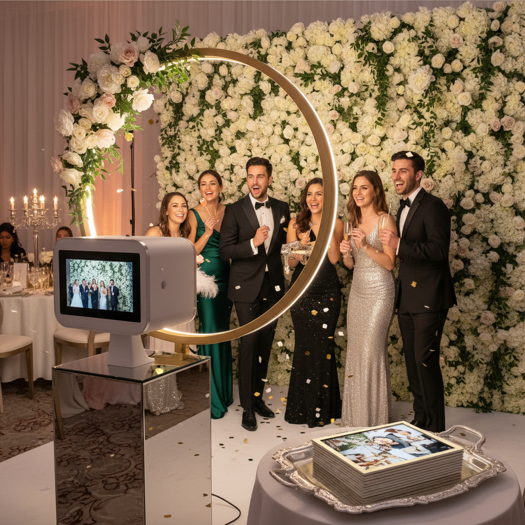 Luxury photo booth setup with gold ring light and floral backdrop at an elegant event