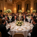 Luxurious seated dinner with fine china, crystal glassware and floral centrepieces at an elegant gala