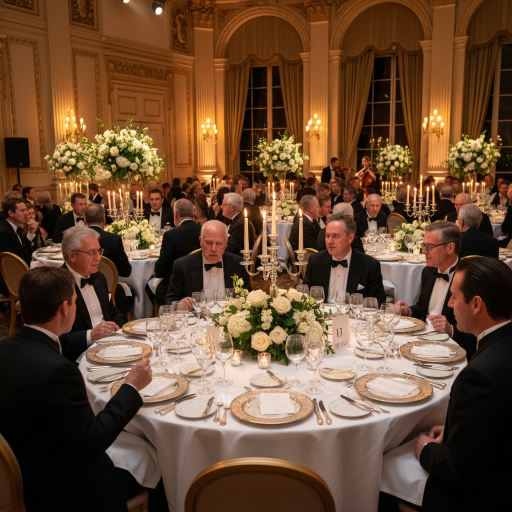 Luxurious seated dinner with fine china, crystal glassware and floral centrepieces at an elegant gala