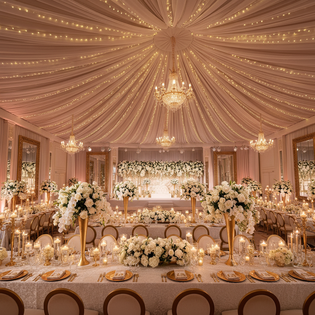 Luxurious full venue decor setup with grand ballroom, floral centrepieces and gold accents