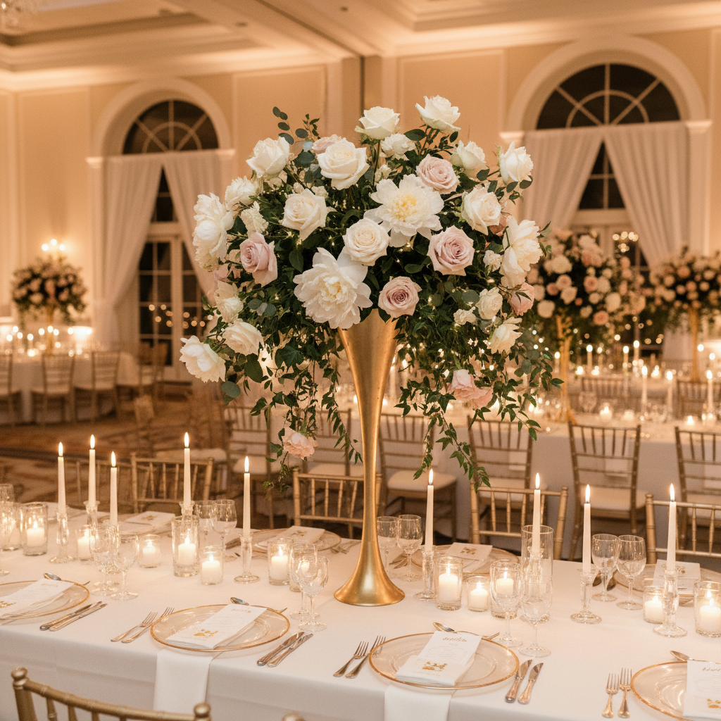 Luxury floral arrangements with white and blush roses in gold vases for an elegant event