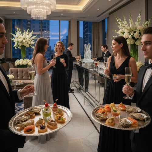 Elegant canapés and welcome drinks reception with silver trays and champagne flutes at a luxury event
