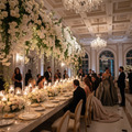 Luxury full event planning with stunning floral arch, candlelit tables and guests in formal attire