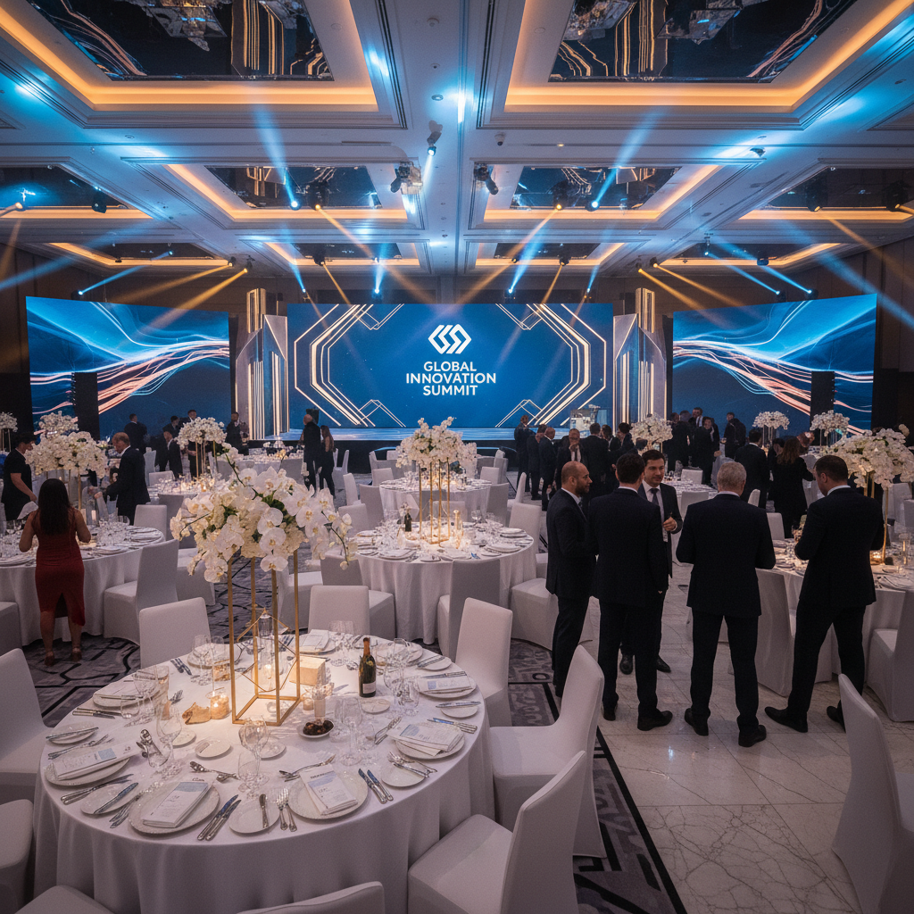 Elegant corporate event setup in a luxury Dubai venue with branded stage and premium table settings