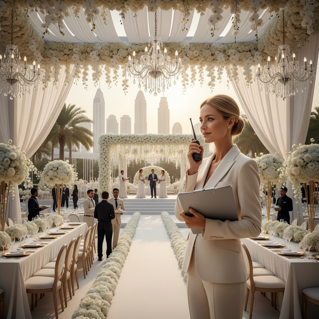 Professional event coordinator managing a luxury event day with elegance and precision