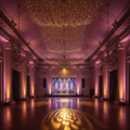 Custom luxury event lighting with dramatic uplighting and fairy lights transforming an elegant venue